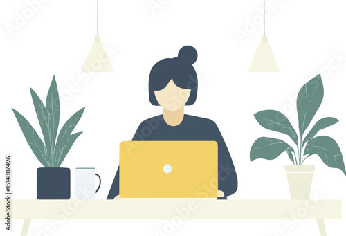 Young woman working from home office using laptop computer sitting at desk with plants and coffee mug minimalist flat vector illustration remote work freelance online business entrepreneur studying