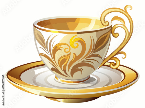 vector of A cup with a white saucer and a golden design. Perfect for fine dining experiences. This exquisite piece adds a touch of luxury to any table...