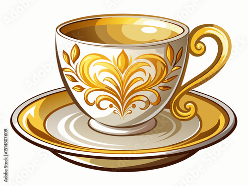 vector of A cup with a white saucer and a golden design. Perfect for fine dining experiences. This exquisite piece adds a touch of luxury to any table...