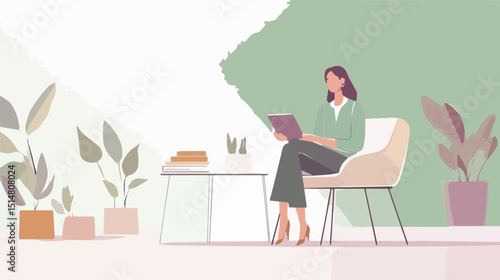 Confident businesswoman using digital tablet in modern office space surrounded by plants work life balance concept professional female entrepreneur working remotely freelance worker enjoying
