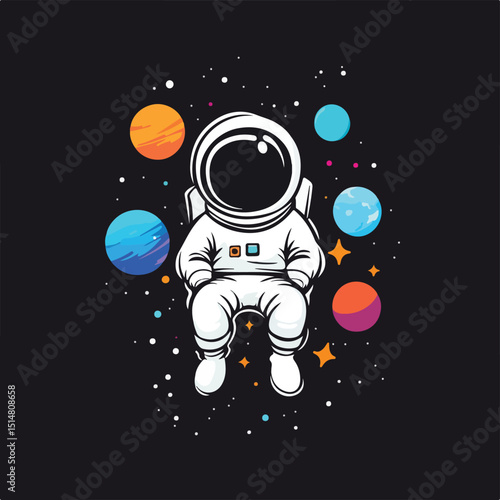 Astronaut sitting in space with colorful planets and stars spaceman exploration adventure galaxy universe cosmic science fiction fantasy illustration artwork design graphic vector tshirt design