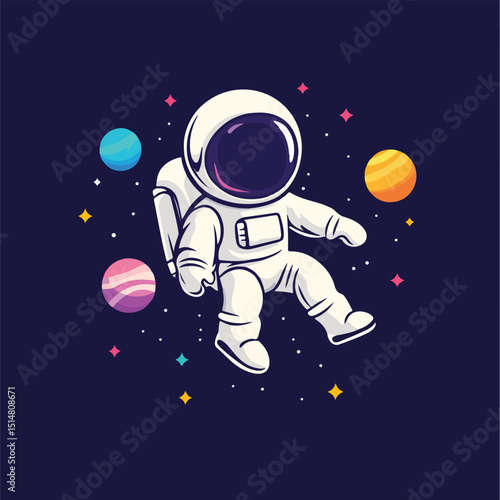 Astronaut floating in space surrounded by colorful planets stars and cosmic dust perfect for space exploration science fiction and astronomy projects cartoon illustration design element for kids