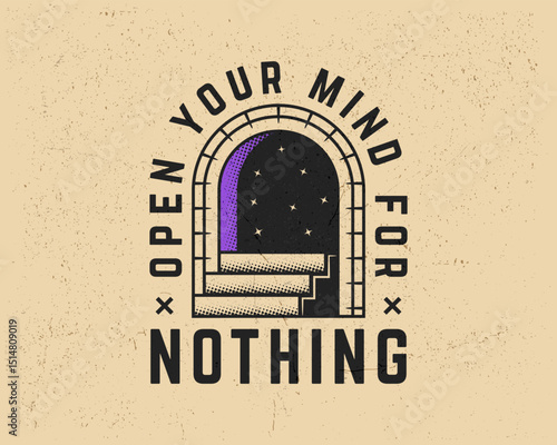 Mythical, Magic emblem with Arched portal with stairs and starry night. Vintage design for tattoos, t-shirt prints, and posters. Portal, Multiverse, Teleport vintage element. Vector illustration.