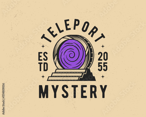 Circular teleport portal with stairs and glowing purple swirl Portal emblem with glowing circular design. Vintage design for tattoos, t-shirt prints, and posters. Portal, Multiverse, Teleport vintage 