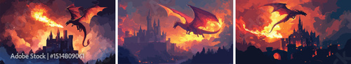 Fire breathing dragon destroying fantasy castle kingdom in fiery battlefield mythical creature attack dark fantasy art digital illustration