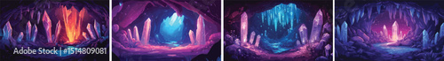 Magic Crystal Cave Landscape Background Glowing Purple Blue Orange Stalactites Crystals and River Fantasy Mysterious Underground Gemstone Mine Game Environment Concept Art Digital Painting