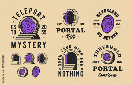 Collection of Portal, Multiverse, Teleport logos. Portal emblems, labels, badges. Set of 5 logo templates and 5 design elements for logo design. Vector templates	