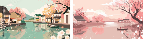 Spring season landscape Cherry blossom branches with pink flowers blooming Japanese village with houses canal boat and reflection in the water beautiful scenery nature background pastel colors vector