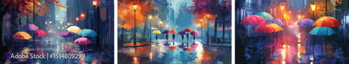 Rainy Cityscape Colorful Umbrellas Night Rain Streetlights Reflections Autumn Mood Impressionistic Painting Wall Art Decor Abstract Modern Contemporary Artwork Collection Set