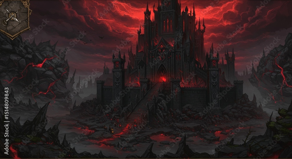 Obraz premium Pixel Art Dark Fortress Amidst Lava Stone Mountain Landscape