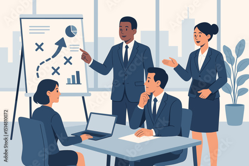 Corporate leadership discussing business strategy. Team meeting with presentation on flip chart showing growth analysis, charts. Office collaboration, planning for success, project development.