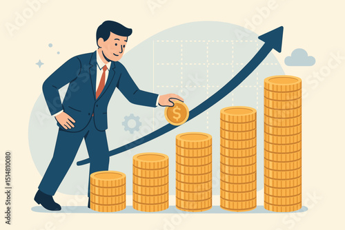 Businessman investing for profit growth. Financial strategy concept with rising coin stacks and upward arrow chart. Business success, investment, and wealth accumulation illustration.