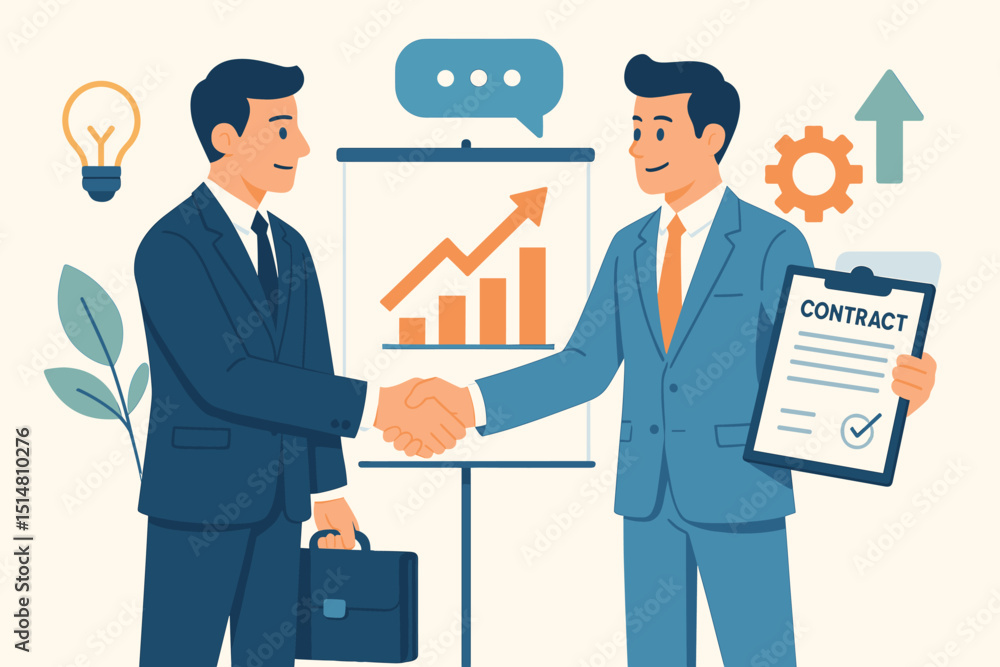 Successful business agreement. Businessmen handshake, partnership deal confirmed. Contract signing, corporate growth chart. Idea, strategy, teamwork, collaboration. Professional achievement. Successful business agreement. Businessmen handshake, partnership deal confirmed. Contract signing, corporate growth chart. Idea, strategy, teamwork, collaboration. Professional achievement.