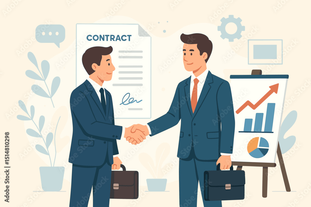Successful business agreement concept. Two businessmen shaking hands after signing contract. Partnership, deal sealed. Office scene with growth chart presentation. Corporate success illustration. Successful business agreement concept. Two businessmen shaking hands after signing contract. Partnership, deal sealed. Office scene with growth chart presentation. Corporate success illustration.