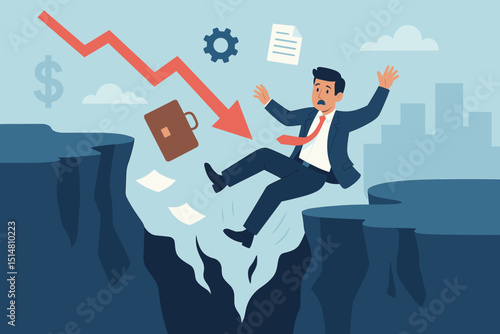 Stock market crash illustration. Desperate businessman falling into financial abyss, red arrow indicating economic recession, investment loss, corporate bankruptcy, and debt. Business failure crisis.