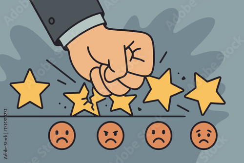 Fist crushing star rating. Bad review concept. Negative feedback, customer dissatisfaction. Online reputation damage. Poor service quality. Unhappy client emoticons. Low score. Vector.