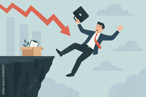 Financial crisis. Businessman falling off cliff. Job loss. Unemployment. Dismissal. Economic recession. Market crash. Bankruptcy. Downward arrow graph. Business failure. Layoff. Corporate risk. Fired.
