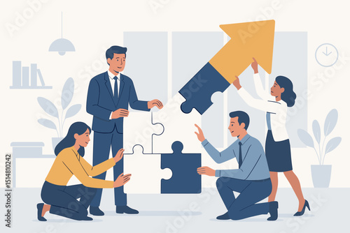 Business team collaboration, assembling giant puzzle for success. Concept of teamwork, strategy, and growth. Office workers finding solutions, achieving goals together. Partnership for progress.