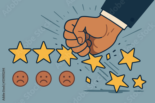 Negative feedback concept with fist crushing star rating. Bad customer review, poor service quality, dissatisfaction, anger, and complaint. Online reputation damage and low score metaphor.