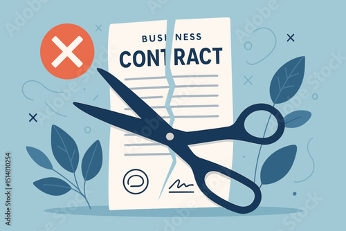 Business contract termination concept with scissors cutting document. Agreement cancellation, partnership ending, deal broken, legal document voided. Red X mark. Flat vector illustration.