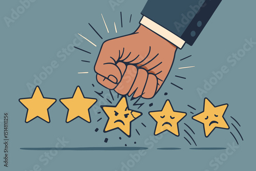 Crushing star ratings. Fist destroying review stars. Negative feedback, bad customer experience, poor service concept. Low score, dissatisfaction, business reputation damage. Vector illustration.