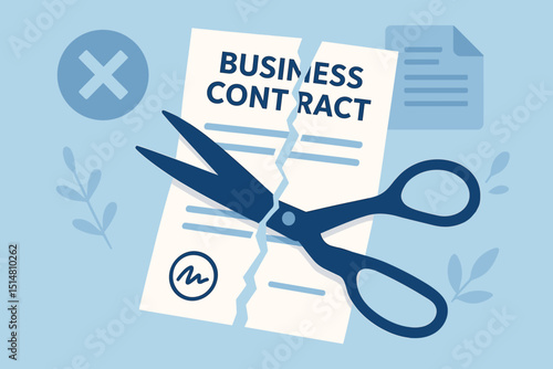 Business contract termination concept illustration. Scissors cutting signed legal document, deal cancellation, agreement breach, partnership end. Invalid paper, rejected deal, project failure symbol.