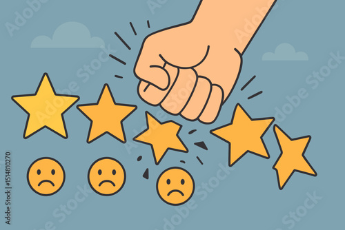 Fist smashing star rating. Concept of bad reviews, customer dissatisfaction, poor service. Negative feedback, online criticism. Unhappy client icon. Low quality. One star symbol.