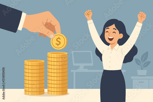 Happy businesswoman celebrating salary raise, financial success concept. Boss hand giving coin, increasing income, career growth, bonus. Employee promotion, achievement motivation vector.