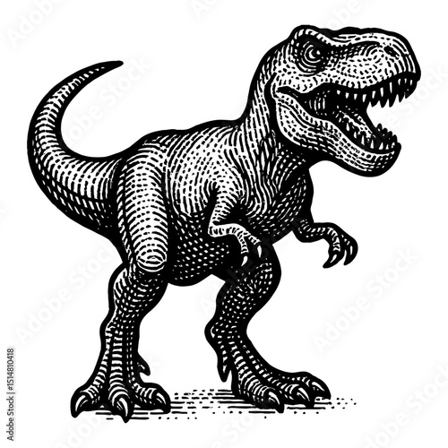 Detailed Black And White Engraved Tyrannosaurus Rex Illustration On White Isolated Background