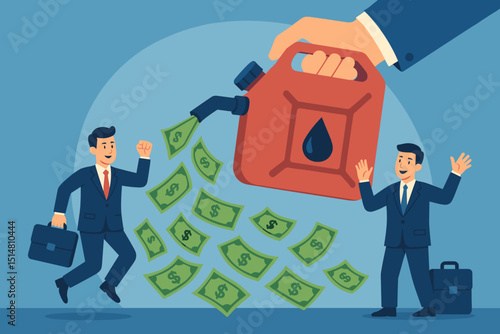 Oil industry profits surge. Businessmen rejoice as money pours from gasoline can. Petroleum success, energy market boom, financial windfall, wealth concept. Investment return vector art.