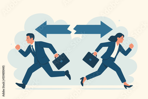 Business conflict metaphor. Man and woman partners running opposite directions. Corporate disagreement, dispute, separation, divergence, partnership breakdown. Broken arrow symbol.