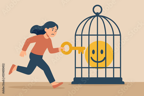 Unlocking trapped emotions for mental wellness. Sad woman uses key to release happy emoji from cage. Metaphor for emotional freedom, psychotherapy, overcoming depression, finding joy, self-help.