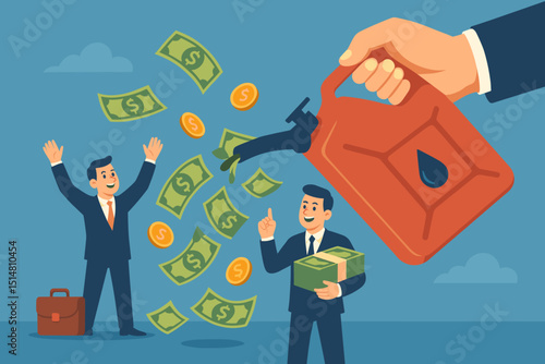 Oil industry profits overflowing, businessmen celebrating financial windfall from petroleum sales. Fuel price surge, energy market, corporate greed, economic boom vector concept illustration.