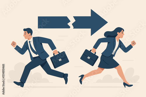 Business conflict. Partners disagreement. Man woman running opposite. Broken arrow. Separation. Corporate dispute. Opposing goals. Professional divergence. Career crisis. Relationship issues.