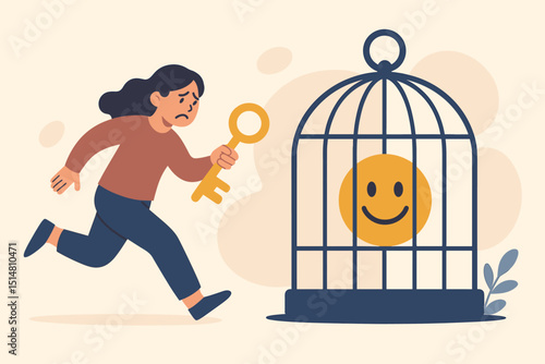 Unlocking trapped emotions. Mental health concept. Anxious woman with key running to free happy emoji from cage. Psychology, therapy, emotional release, finding joy, overcoming sadness, freedom.