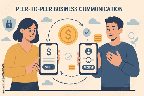 Peer-to-peer business communication. Secure financial exchange concept. Mobile money transfer via smartphone app. People sending, receiving funds. Digital payment technology. Fintech. Vector.