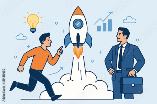 Startup rocket launch concept. Dynamic entrepreneur presents brilliant idea to businessman investor for new venture. Vector illustration of teamwork, innovation, rapid growth, and business success.