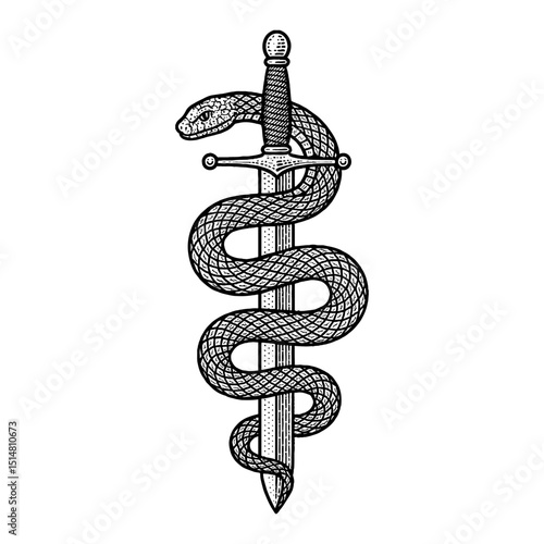 Detailed Black And White Illustration of a Serpent Entwined Around a Sword