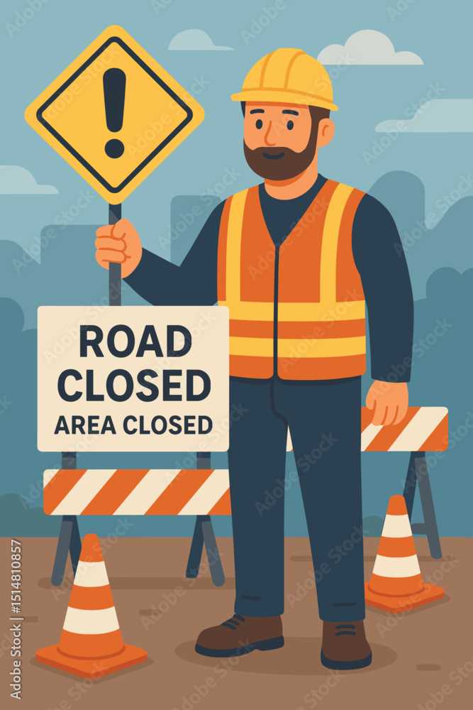 Road Closed Ahead: Construction worker in safety vest and hard hat holds warning sign. Traffic cones and barrier for road repair and maintenance. Detour, under construction zone illustration. Road Closed Ahead: Construction worker in safety vest and hard hat holds warning sign. Traffic cones and barrier for road repair and maintenance. Detour, under construction zone illustration.