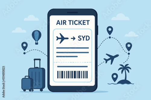 Mobile air ticket on smartphone screen, online flight booking app concept. Travel and vacation planning, digital boarding pass for Sydney (SYD) trip with luggage and airplane route vector.