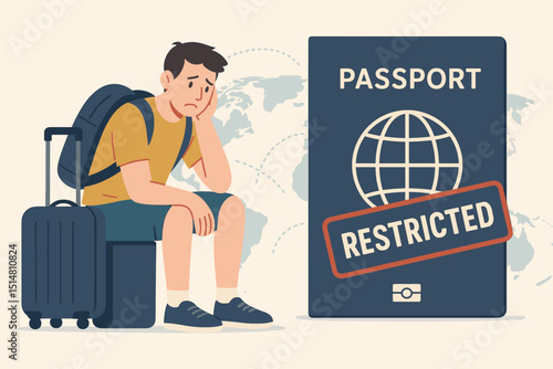 Frustrated tourist stranded at airport with luggage due to restricted passport and travel ban. Visa denial concept. Sad traveler facing immigration issues, canceled trip. World map.