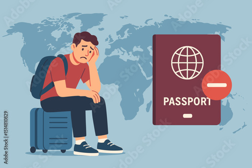 Stranded Tourist: Visa Problems, Passport Control Issues. Frustrated Traveler with Luggage. Travel Ban. Border Control. Visa Denied. Quarantine Restrictions. Global Travel Difficulties.
