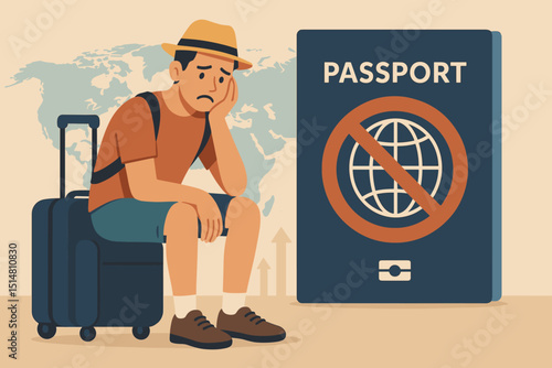Stranded tourist, travel ban frustration. Sad man with suitcase, passport denied. Global travel restriction, visa problem, immigration issues, no entry, world map background. Unhappy traveler.