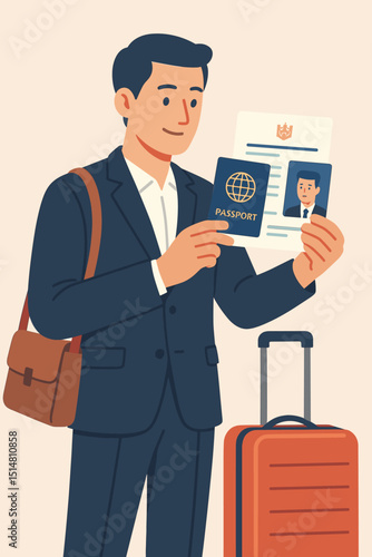 Businessman traveler holding passport and visa documents for international travel. Man with luggage ready for journey, identification verification at airport or border control concept.