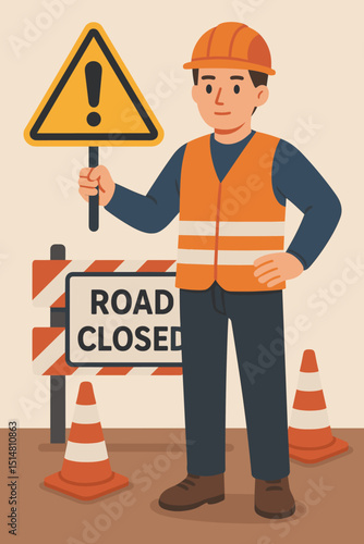 Road repair ahead with construction worker holding warning sign. Road closed barrier, traffic cones, man in helmet and safety vest. Under construction, maintenance, detour information vector.