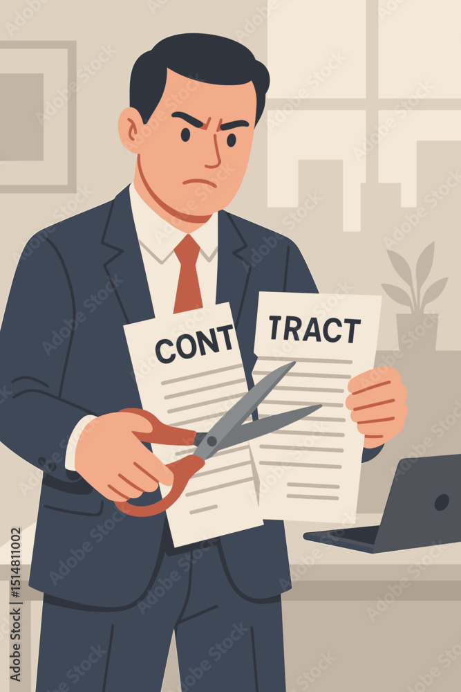 Furious businessman terminates contract. Angry male executive in suit cuts legal agreement document with scissors. Concept of deal breaking, partnership ending, job loss, legal dispute. Furious businessman terminates contract. Angry male executive in suit cuts legal agreement document with scissors. Concept of deal breaking, partnership ending, job loss, legal dispute.