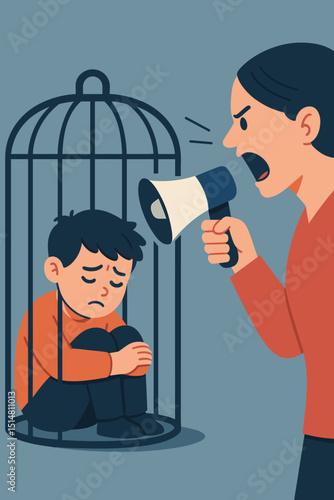 Child abuse concept: Trapped and vulnerable boy in cage, adult figure shouting with megaphone. Emotional distress, psychological pressure, domestic violence, childhood trauma, and fear.