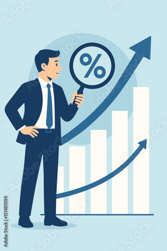 Businessman analyzing financial growth chart with magnifying glass. Concept of investment success, market analysis, profit increase, percentage rate, economic development, business strategy.