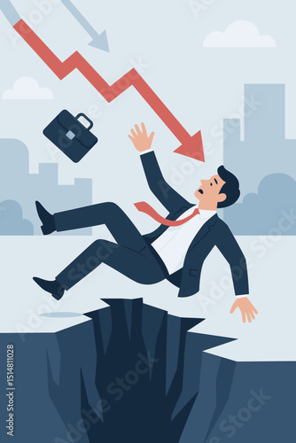 Financial crisis concept. Businessman falling into abyss. Stock market crash, economic recession. Red arrow down symbol of failure, bankruptcy, investment loss. Plunge into debt. Risk.