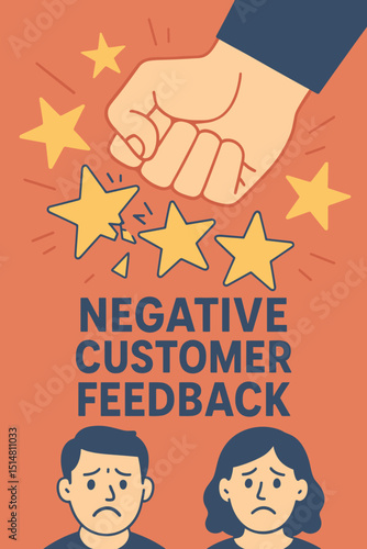 Negative customer feedback concept. Bad online reviews and poor service rating impact. Fist smashing star, broken star. Unhappy customers, user dissatisfaction, damaged business reputation.